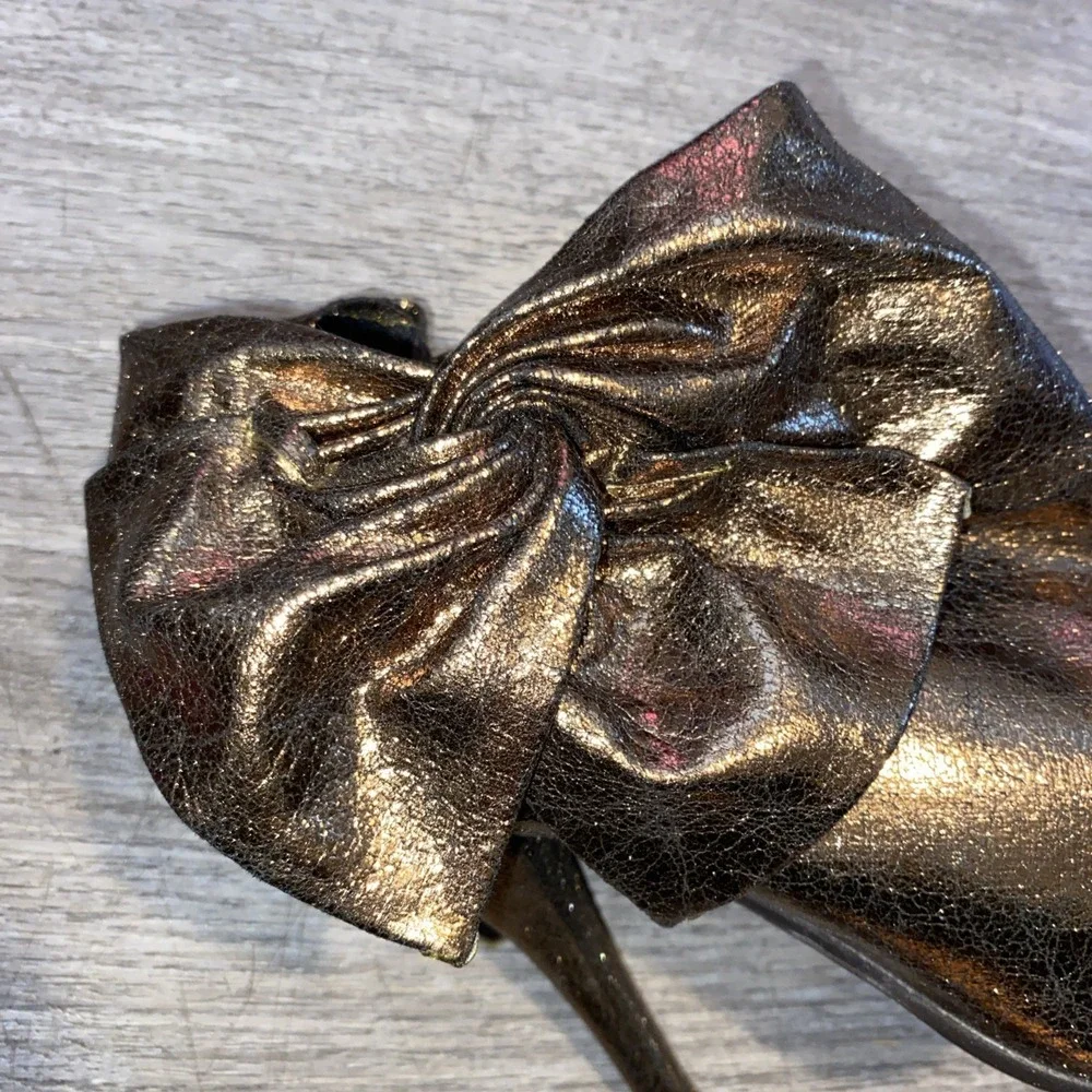 VINTAGE Y2K WET SEAL‎ METALLIC GOLD BOW HEEL SLIP-ON ANKLE BOOTIES SIZE 7.5